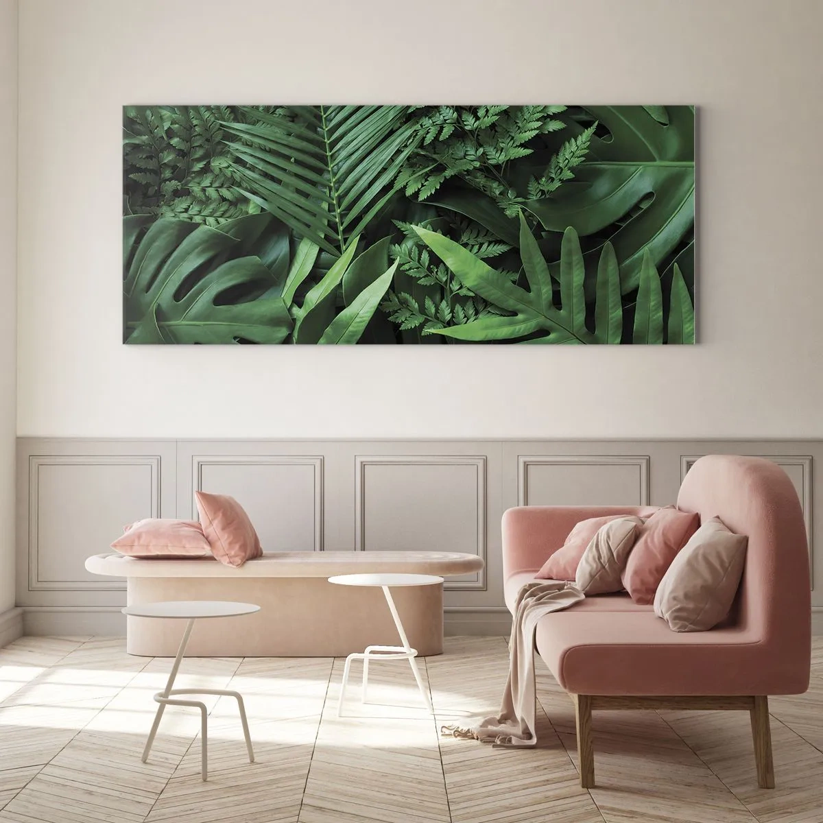Impression sur verre - Image sur verre - Feuilles tropicales vertes dans une composition dense et naturelle - 120x50cm - Emmitouflé de verdure - Décoration murale moderne pour le salon et la chambre ARTTOR