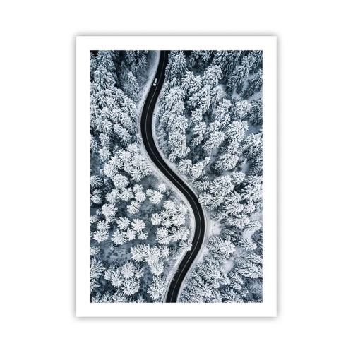 Affiche - Poster - Une route pittoresque parmi les arbres enneigés vue à vol d'oiseau - 50x70cm - À travers une forêt d'hiver - Décoration murale moderne pour le salon et la chambre ARTTOR