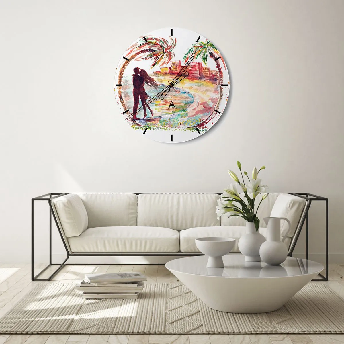 Horloge murale - Pendule murale - Couple romantique sur la plage avec des palmiers en arrière-plan - 30x30cm - Vacances romantiques - Décoration murale moderne pour le salon, la cuisine et la chambre ARTTOR