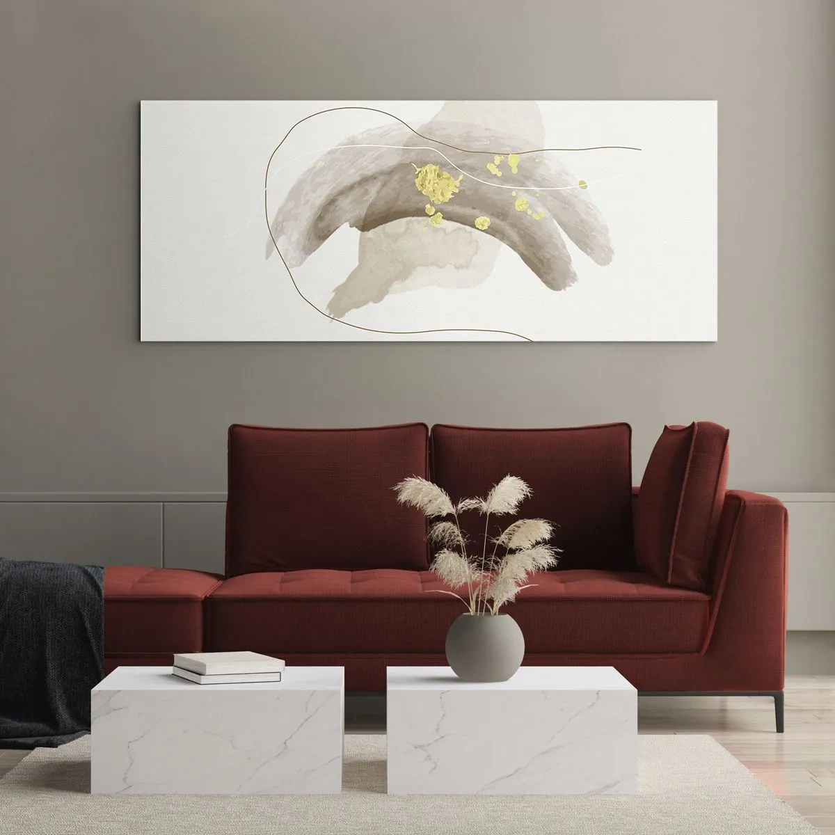 Impression sur verre - Image sur verre - Une composition abstraite dans les tons beige et or. - 120x50cm - rencontré dans l'espace - Décoration murale moderne pour le salon et la chambre ARTTOR