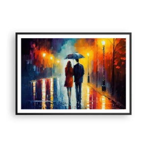 Affiche dans un cadre noir - Poster - Un couple sous un parapluie se promenant dans une ville nocturne colorée - 100x70cm - Ensemble – une nuit colorée - Décoration murale moderne pour le salon et la chambre ARTTOR