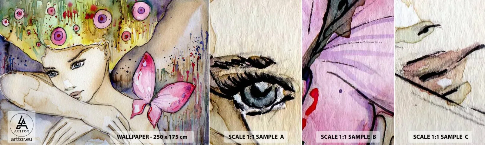 Échantillon de Papier Peint Autocollant Deluxe Sticker - La princesse papillon - Abstraction, Femme, Aquarelles - 100x30 cm
