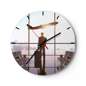 Horloge murale - Pendule murale - Un voyageur dans le hall de l'aéroport avec vue sur un avion qui décolle - 30x30cm - Vous avez le temps, ralentissez - Décoration murale moderne pour le salon, la cuisine et la chambre ARTTOR