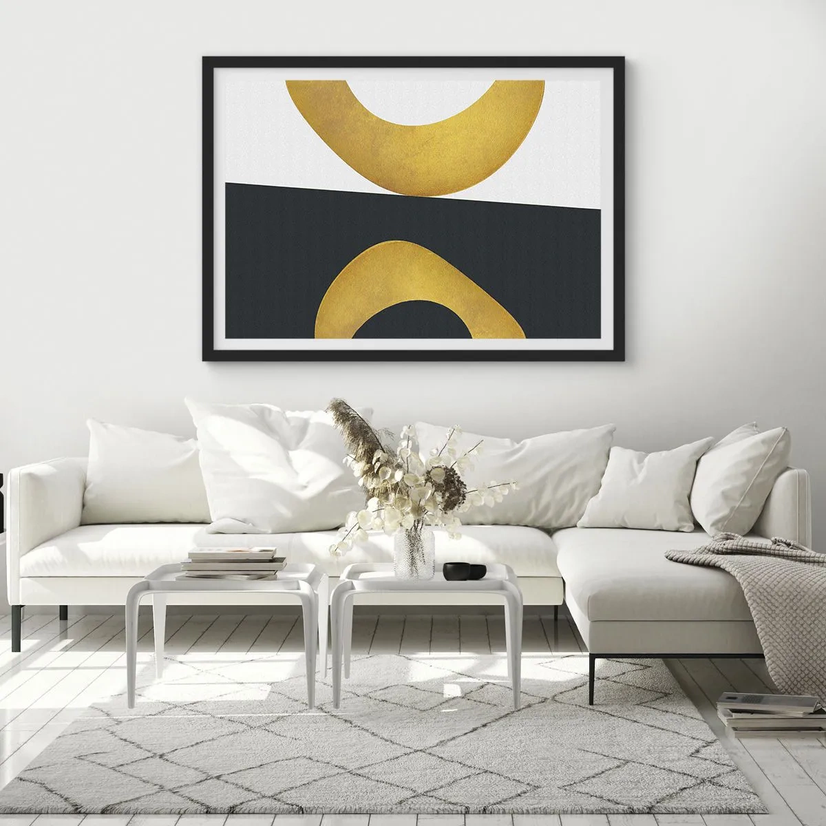 Affiche dans un cadre noir - Poster - Formes géométriques en or sur fond blanc et foncé - 70x50cm - Avant tout : l’or - Décoration murale moderne pour le salon et la chambre ARTTOR
