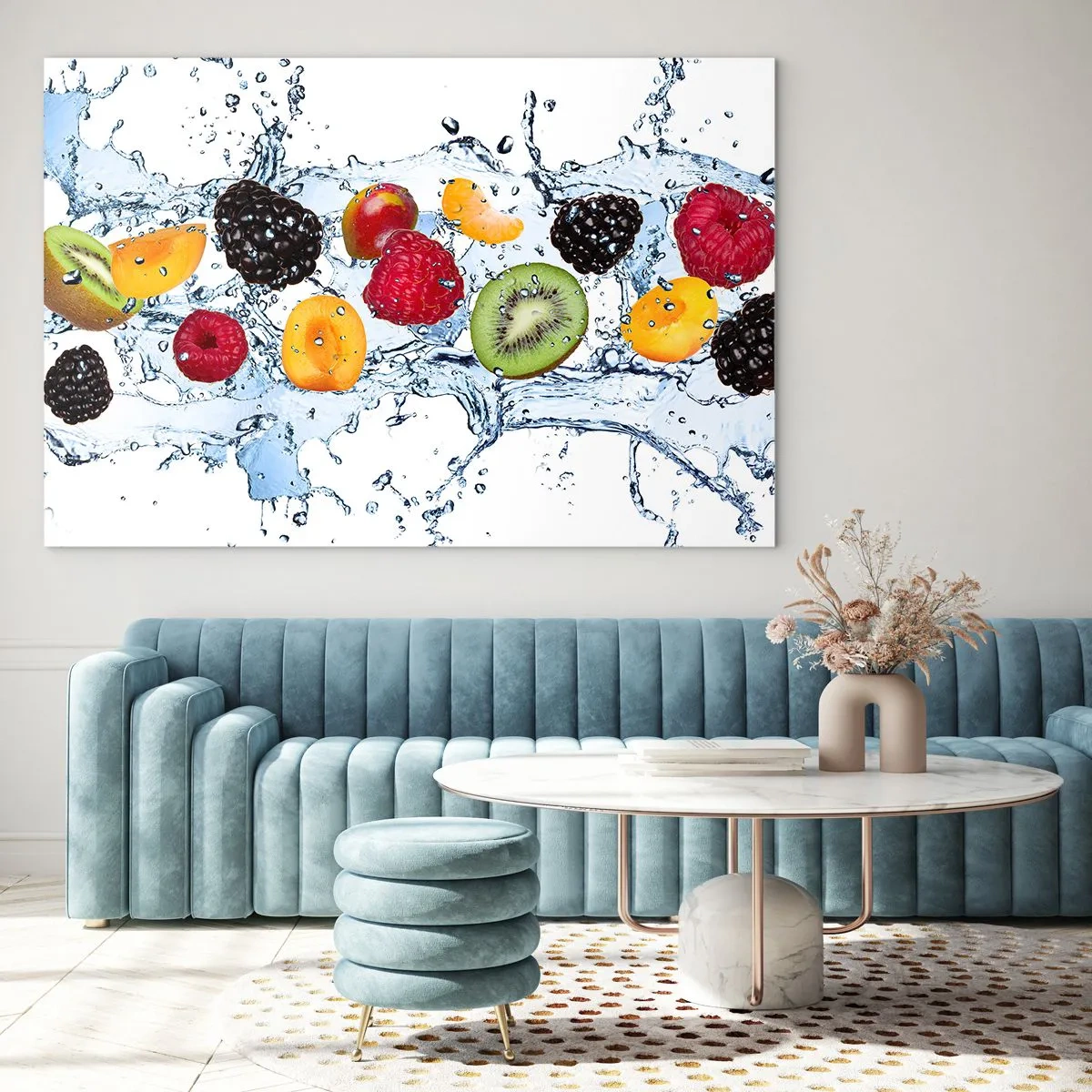 Impression sur verre - Image sur verre - Fruits colorés dans l'eau sur fond blanc - 70x50cm - Amusez-vous avec nous - Décoration murale moderne pour le salon et la chambre ARTTOR