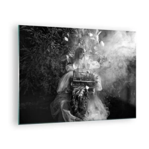 Impression sur verre - Image sur verre - Femme en robe cage en tulle et couronne de plantes en noir et blanc - 70x50cm - Tout simplement Mère Nature - Décoration murale moderne pour le salon et la chambre ARTTOR