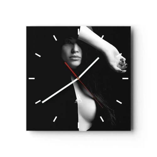 Horloge murale - Pendule murale - Portrait élégant d'une femme en noir et blanc - 30x30cm - École de séduction - Décoration murale moderne pour le salon et la chambre ARTTOR