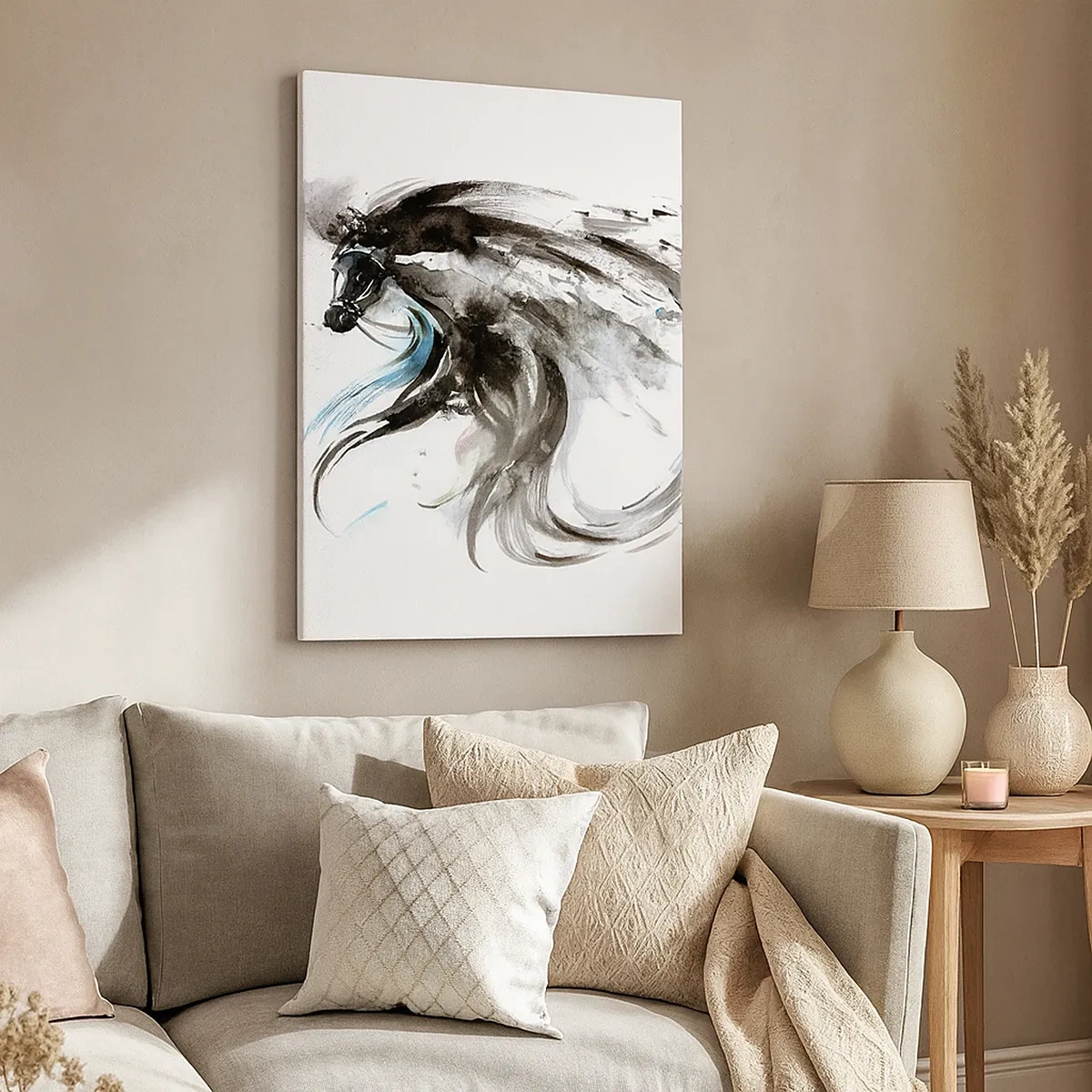 Impression sur toile - Image sur toile - Une femme et un cheval dans une aquarelle mystique pleine de dynamique - 50x70cm - Galop du prince noir - Décoration murale moderne pour le salon et la chambre ARTTOR