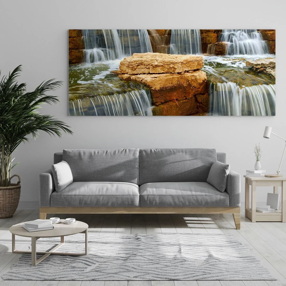 Impression sur verre - Image sur verre - Une cascade qui coule sur des marches de pierre - 160x50cm - Escalier vers le ciel - Décoration murale moderne pour le salon et la chambre ARTTOR