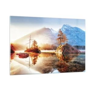 Impression sur verre - Image sur verre - Paysage de montagne le matin avec des arbres et un reflet dans le lac - 120x80cm - La nature sous un nouveau jour - Décoration murale moderne pour le salon et la chambre ARTTOR
