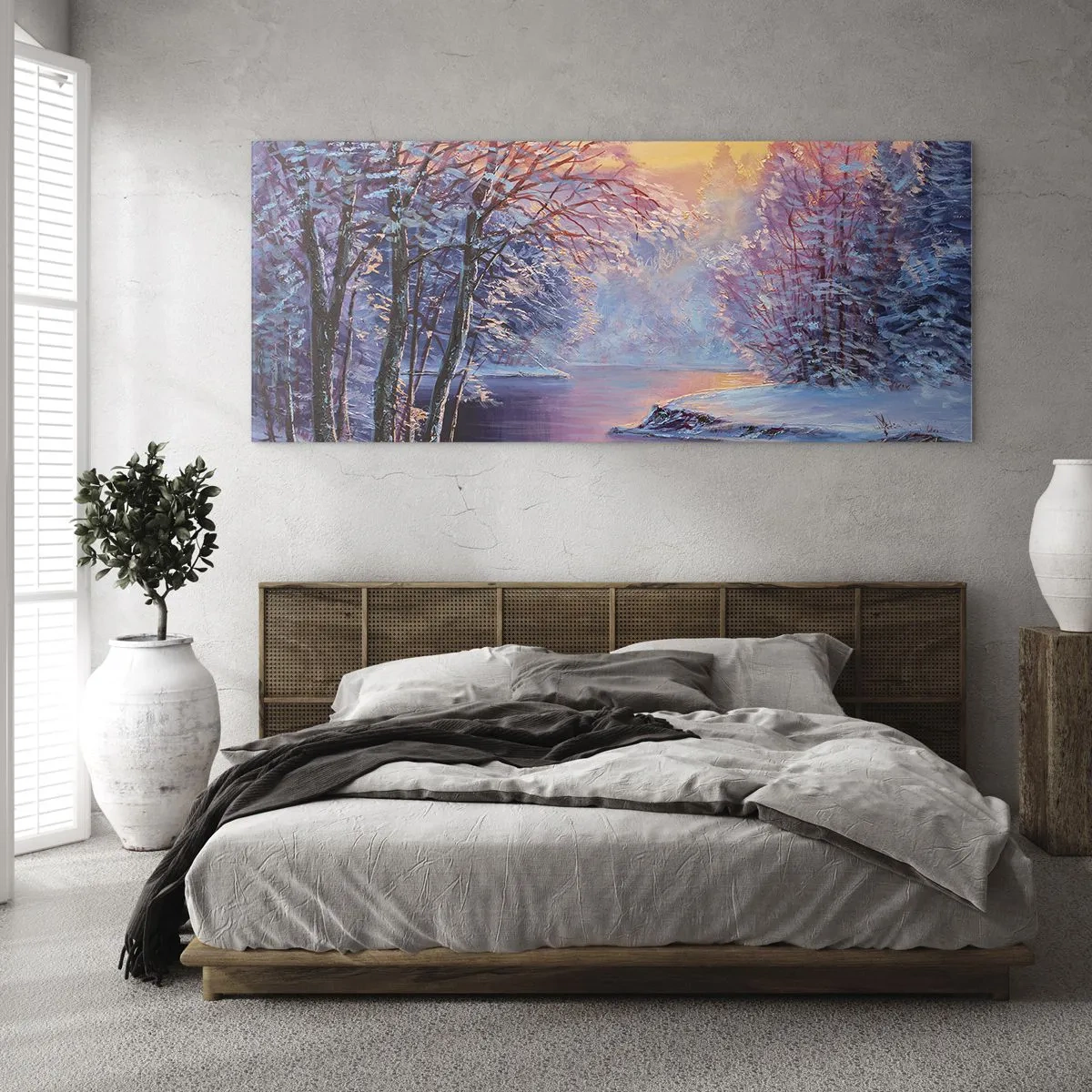 Impression sur verre - Image sur verre - Paysage d'hiver avec rivière et arbres au lever du soleil - 140x50cm - Couleurs d'hiver - Décoration murale moderne pour le salon et la chambre ARTTOR