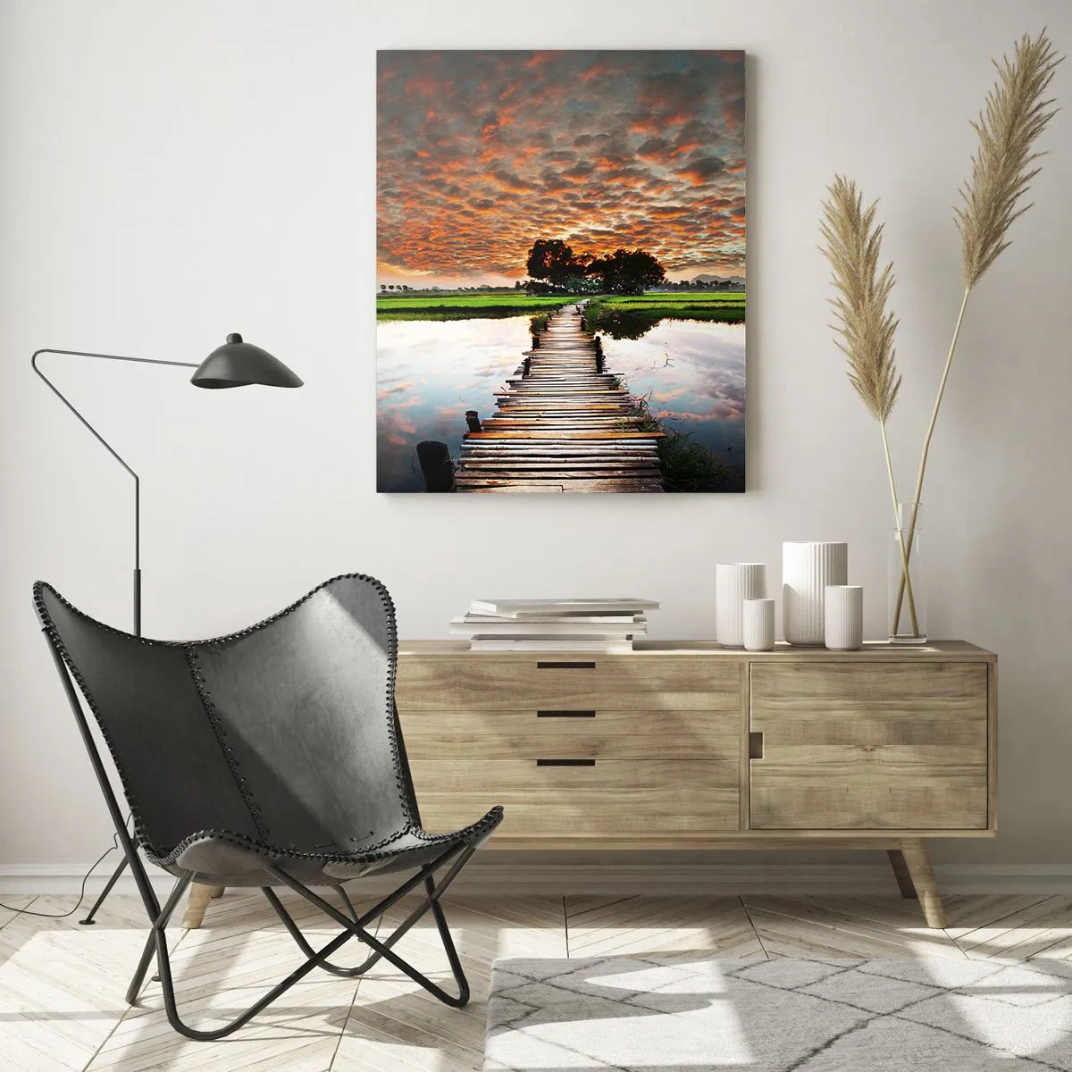 Impression sur verre - Image sur verre - Pont en bois sur la rivière au coucher du soleil - 50x70cm - Étendez vos bras - respirez - Décoration murale moderne pour le salon et la chambre ARTTOR