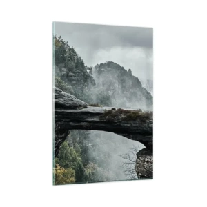 Impression sur verre - Image sur verre - Une arche de pierre entourée de montagnes brumeuses et de forêts - 80x120cm - L'aventure est sur le point de commencer - Décoration murale moderne pour le salon et la chambre ARTTOR