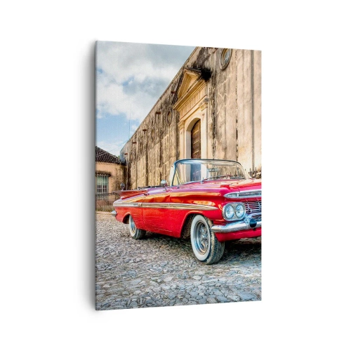 Impression sur toile - Image sur toile - Voiture classique rouge dans une rue pavée - 70x100cm - Émotions cubaines - Décoration murale moderne pour le salon et la chambre ARTTOR