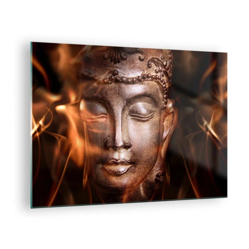 Impression sur verre - Image sur verre - Le visage brumeux du Bouddha dans des tons chauds d'or et de marron - 70x50cm - Il n'existe qu'ici et maintenant - Décoration murale moderne pour le salon et la chambre ARTTOR