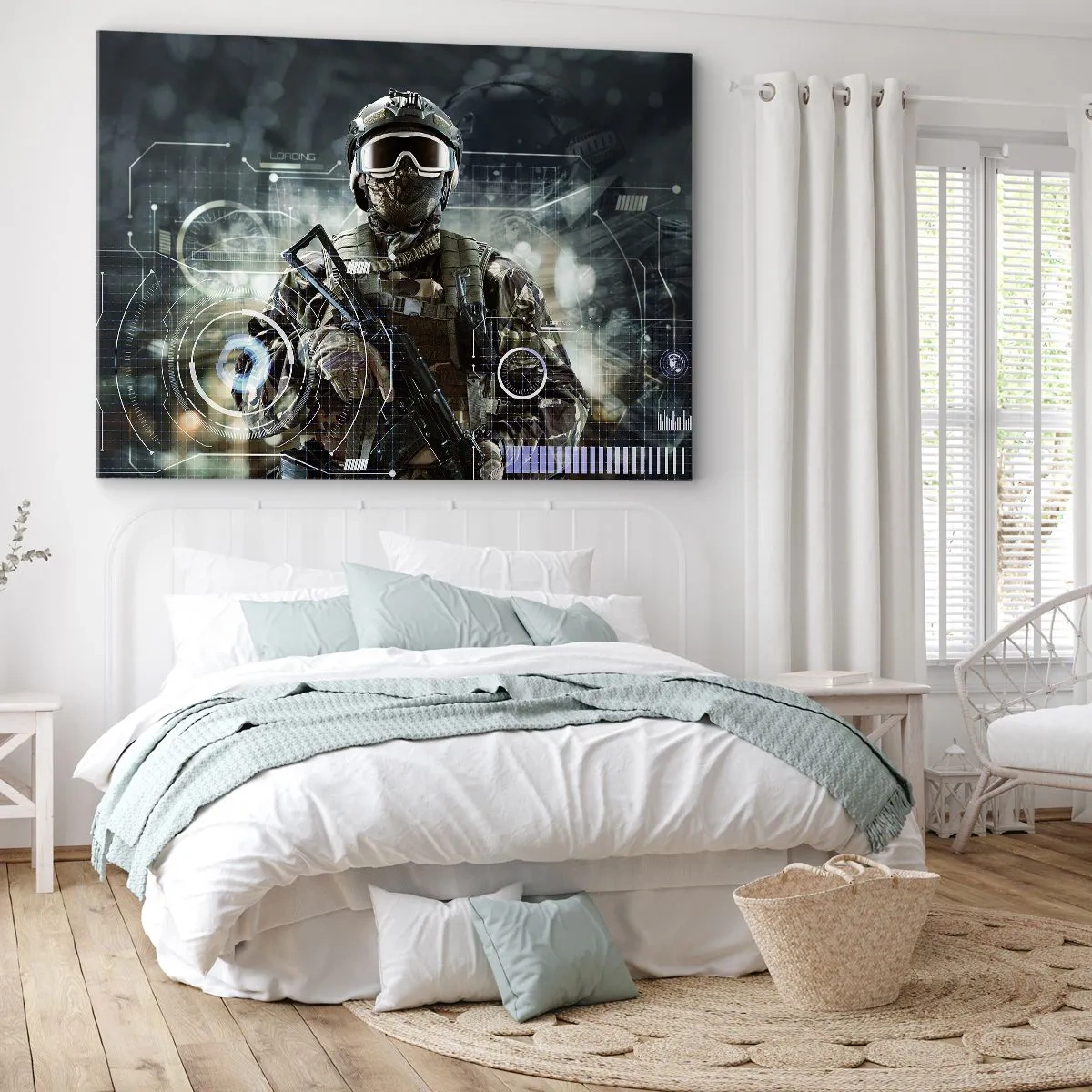 Impression sur toile - Image sur toile - Un soldat portant un casque futuriste avec une arme à feu en arrière-plan de la technologie. - 70x50cm - Puissance sans limite - Décoration murale moderne pour le salon et la chambre ARTTOR