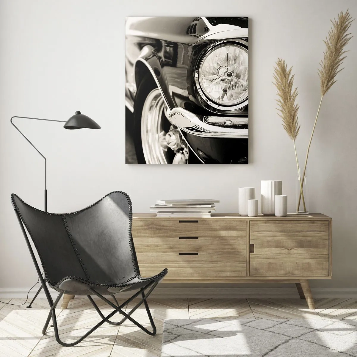Impression sur verre - Image sur verre - Une voiture classique emblématique en noir et blanc élégant - 70x100cm - Brillance permanente - Décoration murale moderne pour le salon et la chambre ARTTOR