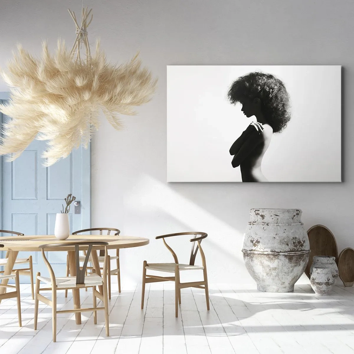 Impression sur toile - Image sur toile - Une silhouette subtile d'une femme dans des tons noirs et blancs sur un fond clair - 120x80cm - Comme une fleur au bout d'une fine tige - Décoration murale moderne pour le salon et la chambre ARTTOR