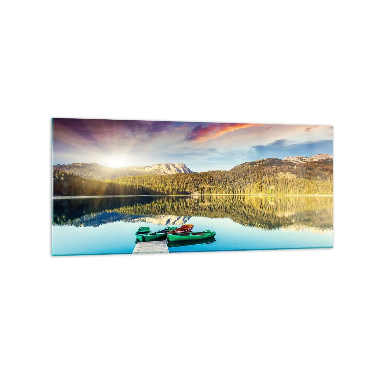 Impression sur verre - Image sur verre - Coucher de soleil sur le lac avec des bateaux à l'embarcadère - 120x50cm - Aussi lisse qu'un miroir au-dessus de l'eau - Décoration murale moderne pour le salon et la chambre ARTTOR