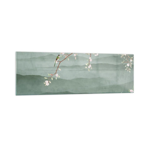 Impression sur verre - Image sur verre - Une image pittoresque d'une branche d'arbre en fleurs avec des oiseaux sur fond de collines verdoyantes. - 160x50cm - Printemps oh c'est toi - Décoration murale moderne pour le salon et la chambre ARTTOR