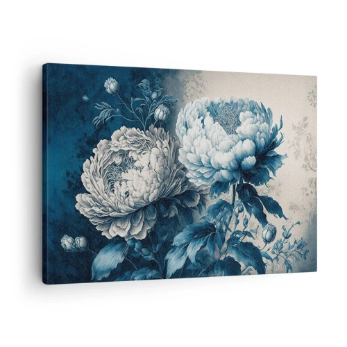 Impression sur toile - Image sur toile - Pivoines bleues sur un fond subtil avec un motif délicat - 70x50cm - Paire assortie - Décoration murale moderne pour le salon et la chambre ARTTOR