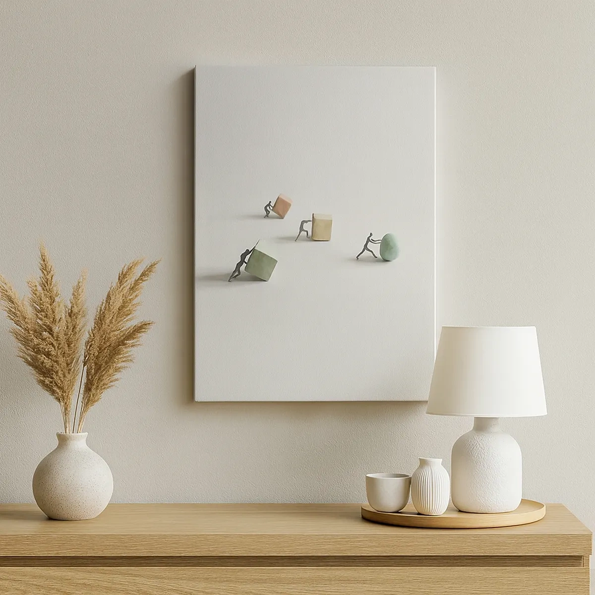 Impression sur toile - Image sur toile - Figurines miniatures poussant des formes sur un fond clair - 50x70cm - Rien que la vie - Décoration murale moderne pour le salon et la chambre ARTTOR