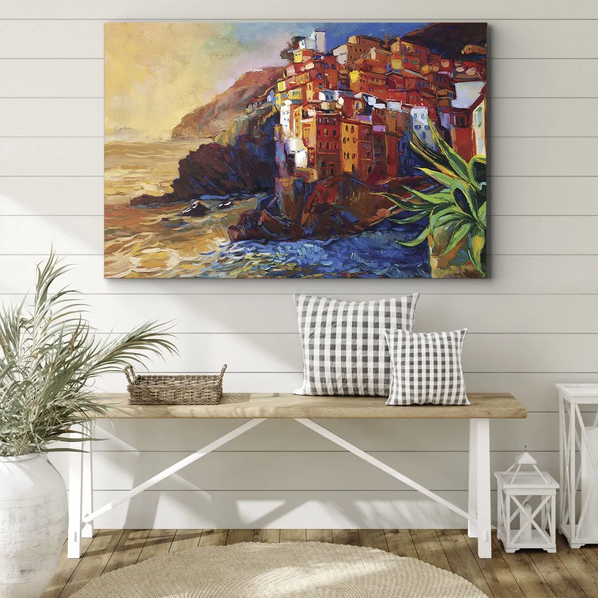 Impression sur toile - Image sur toile - Maisons colorées sur une falaise au-dessus de la mer - 100x70cm - Climats italien - Décoration murale moderne pour le salon et la chambre ARTTOR
