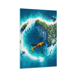 Impression sur verre - Image sur verre - Une île tropicale entourée d'eau turquoise avec un hélicoptère en vue - 70x100cm - Achetez-vous une île - Décoration murale moderne pour le salon et la chambre ARTTOR