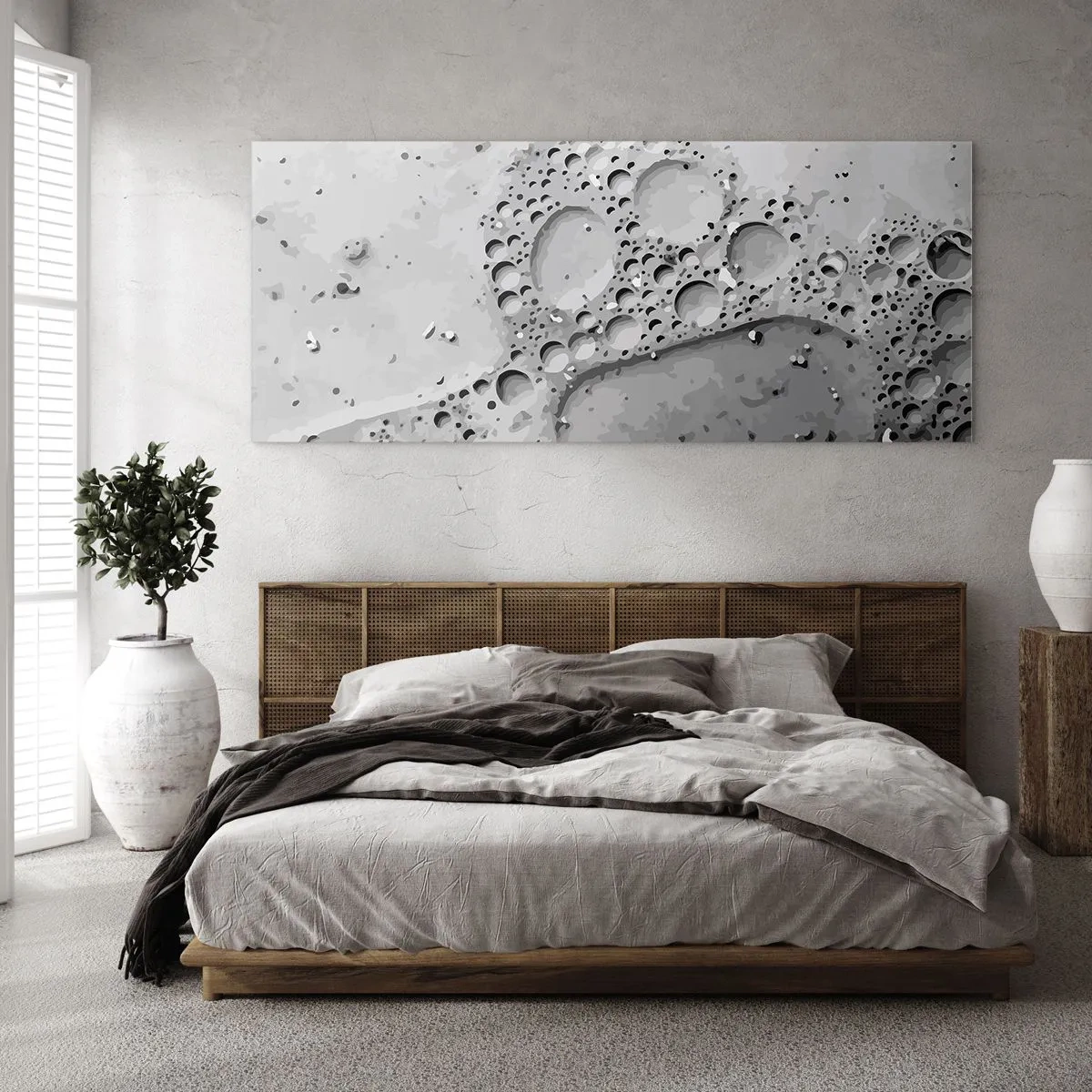 Impression sur verre - Image sur verre - Motif à bulles noir et blanc dans un style minimaliste - 120x50cm - Sentier de mousse - Décoration murale moderne pour le salon et la chambre ARTTOR