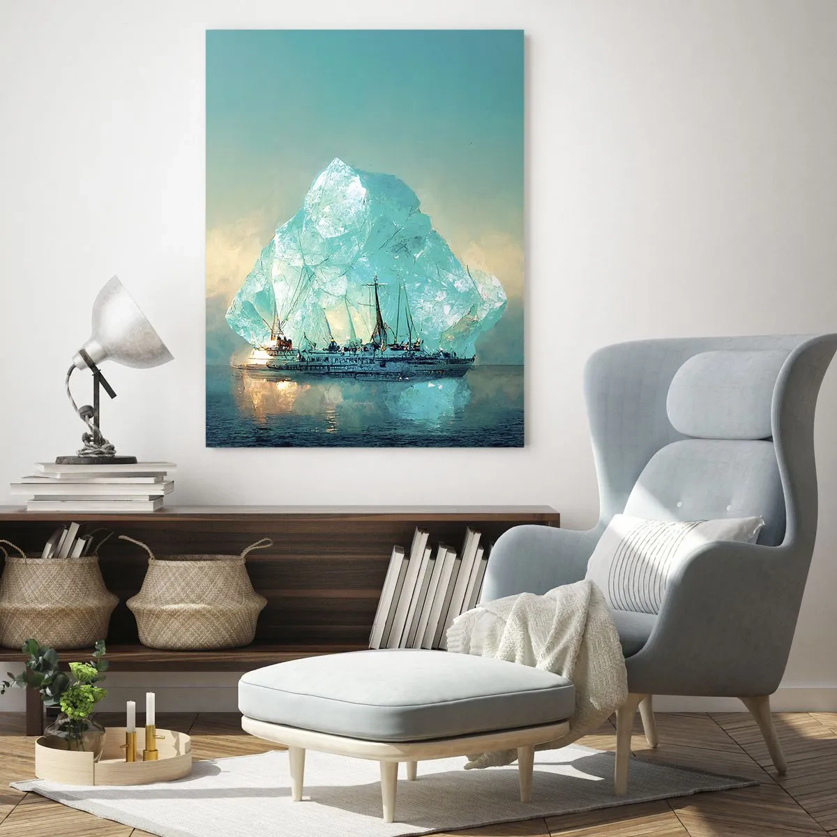 Impression sur verre - Image sur verre - Un navire avec un iceberg majestueux en arrière-plan - 80x120cm - Diamant arctique - Décoration murale moderne pour le salon et la chambre ARTTOR
