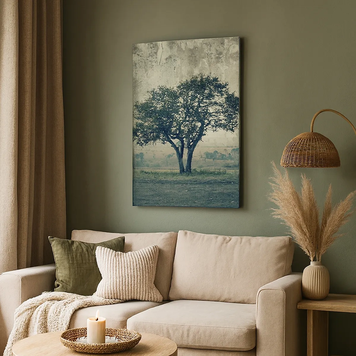 Impression sur toile - Image sur toile - Un arbre solitaire dans un paysage brumeux - 50x70cm - Un pommier sur un champ bleu ? - Décoration murale moderne pour le salon et la chambre ARTTOR