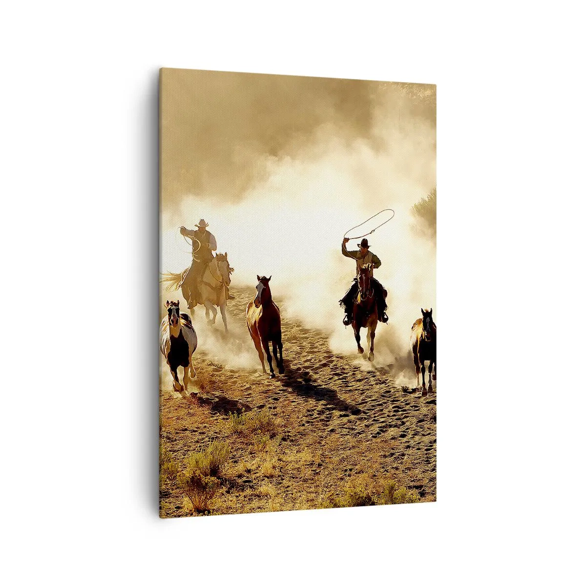 Impression sur toile - Image sur toile - Cowboys à cheval en action sur un terrain désertique - 70x100cm - L'ouest vraiment sauvage - Décoration murale moderne pour le salon et la chambre ARTTOR
