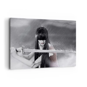 Impression sur toile - Image sur toile - Une femme avec une épée sous la pluie avec une apparence dynamique et mystérieuse - 100x70cm - Belle et dangereuse - Décoration murale moderne pour le salon et la chambre ARTTOR