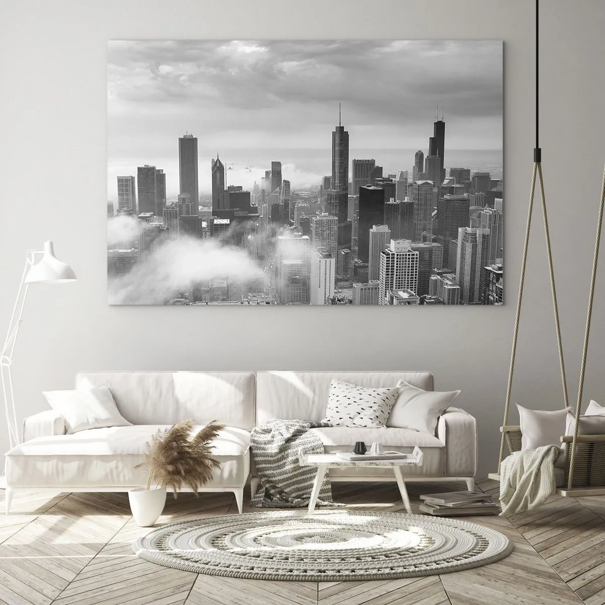 Impression sur verre - Image sur verre - Panorama de la ville avec des gratte-ciels en noir et blanc - 100x70cm - Paysage américain - Décoration murale moderne pour le salon et la chambre ARTTOR
