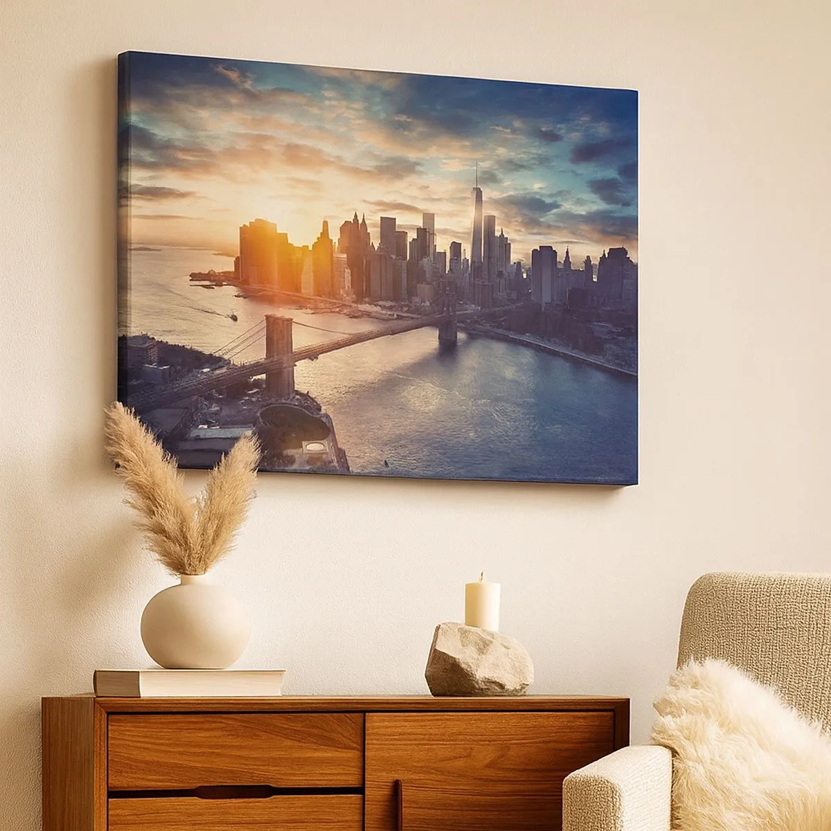 Impression sur toile - Image sur toile - Panorama de la ville avec le pont et la rivière à la lumière du soleil couchant - 70x50cm - Monument de la culture occidentale - Décoration murale moderne pour le salon et la chambre ARTTOR