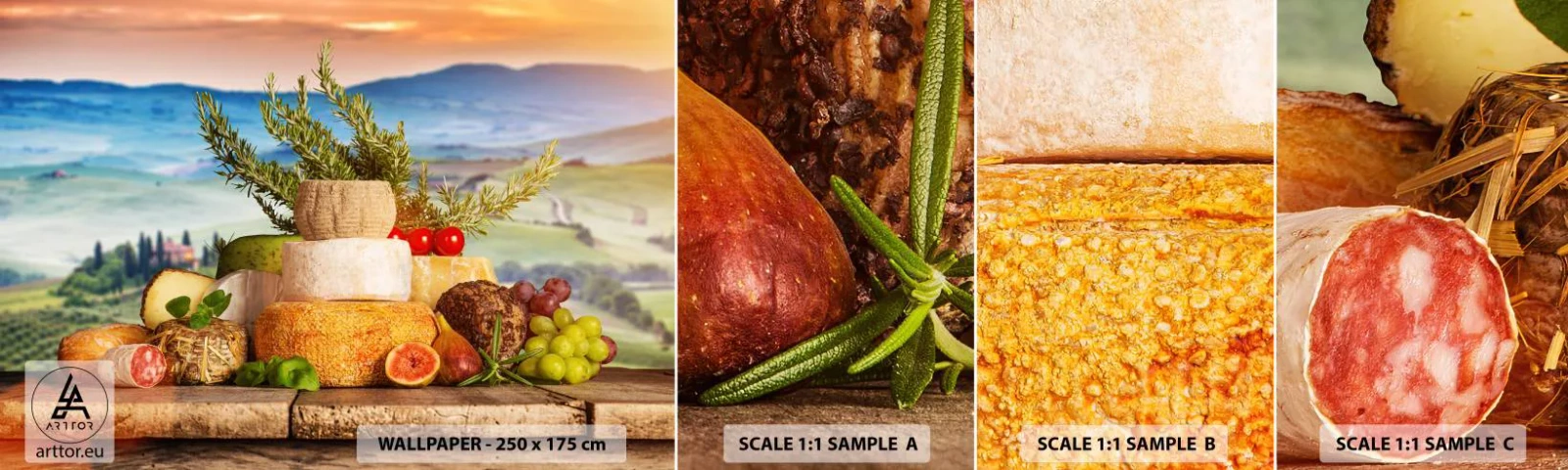 Échantillon de Papier Peint Autocollant Deluxe Sticker - La joie de vivre à l'italienne - Toscane, Paysage, Fromages délicieux - 100x30 cm