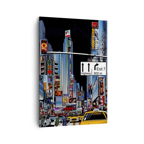 Impression sur toile - Image sur toile - Une ville animée avec des publicités colorées et des taxis jaunes - 70x100cm - Grande nuit de bande dessinée - Décoration murale moderne pour le salon et la chambre ARTTOR
