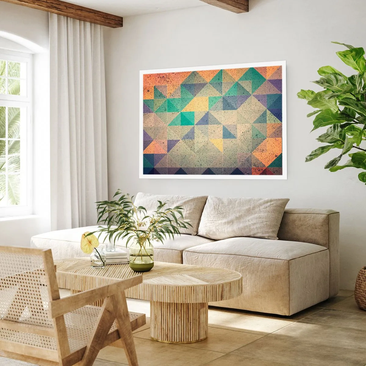 Affiche - Poster - Une composition colorée de triangles géométriques dans des tons pastel. - 100x70cm - République des triangles - Décoration murale moderne pour le salon et la chambre ARTTOR
