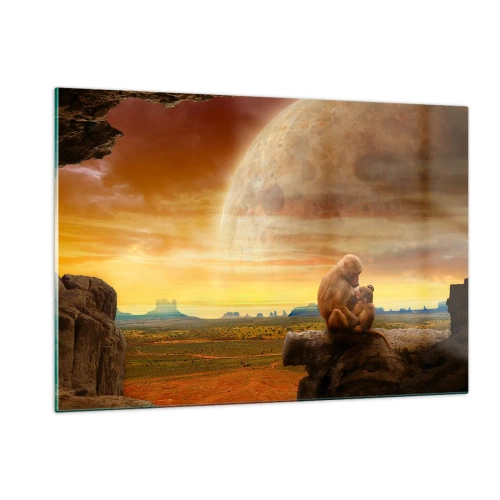 Impression sur verre - Image sur verre - Des singes assis sur un rocher avec une énorme lune en arrière-plan - 120x80cm - L'amour est le même partout - Décoration murale moderne pour le salon et la chambre ARTTOR