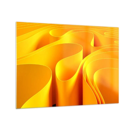 Impression sur verre - Image sur verre - Vagues abstraites dans des tons d'or et d'orange - 70x50cm - Comme les vagues du soleil - Décoration murale moderne pour le salon et la chambre ARTTOR