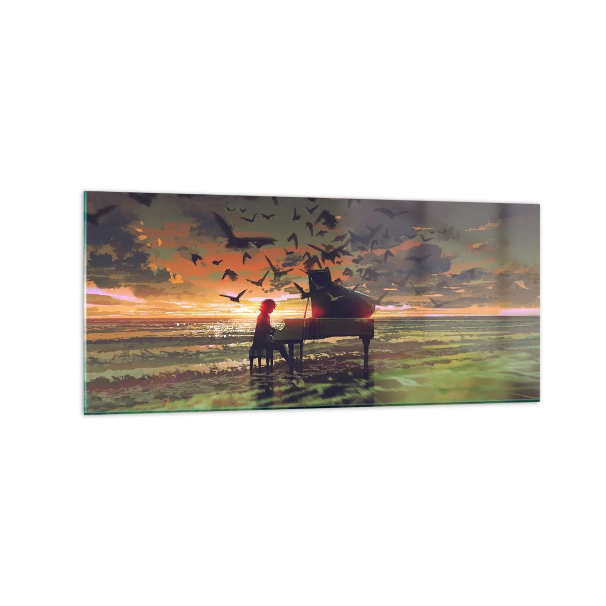 Impression sur verre - Image sur verre - Un piano au bord de la mer au coucher du soleil avec des oiseaux - 120x50cm - Concert pour piano et vagues - Décoration murale moderne pour le salon et la chambre ARTTOR