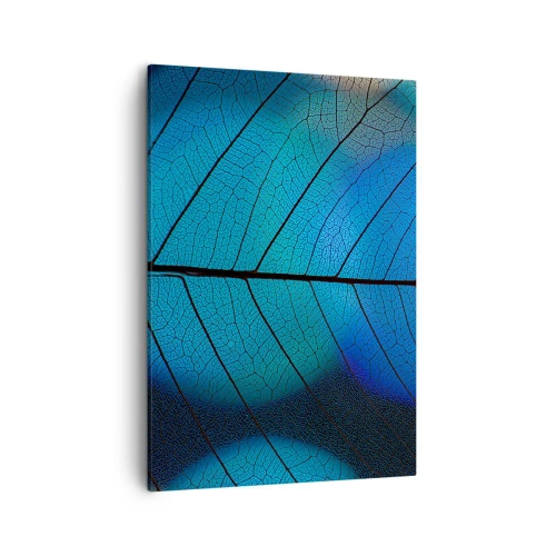 Impression sur toile - Image sur toile - Gros plan d'une feuille bleue avec des détails de veines visibles - 50x70cm - Construction complexe - Décoration murale moderne pour le salon et la chambre ARTTOR