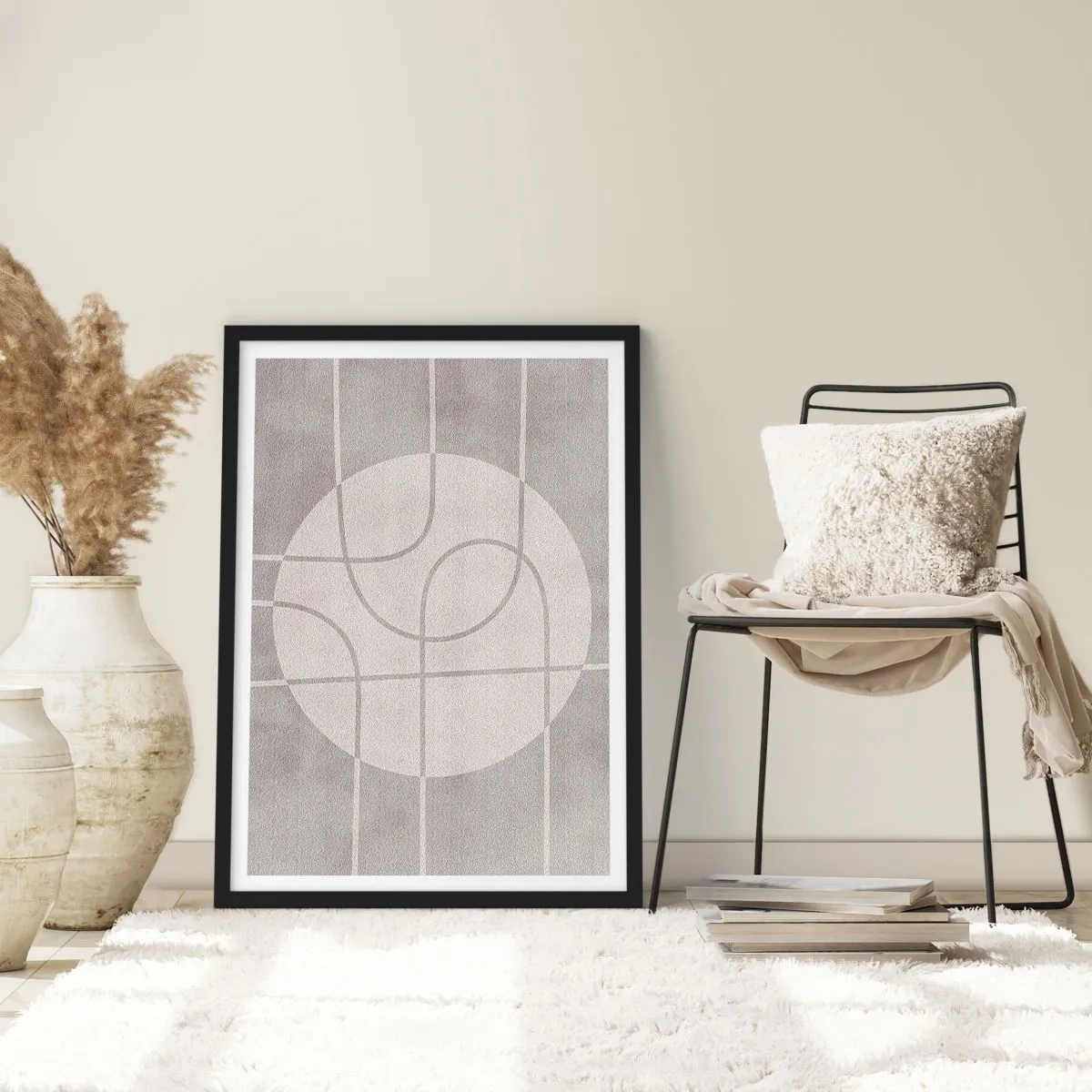 Affiche dans un cadre noir - Poster - Des lignes géométriques et un cercle dans des tons de gris - 50x70cm - Circulaire et tout droit - Décoration murale moderne pour le salon et la chambre ARTTOR
