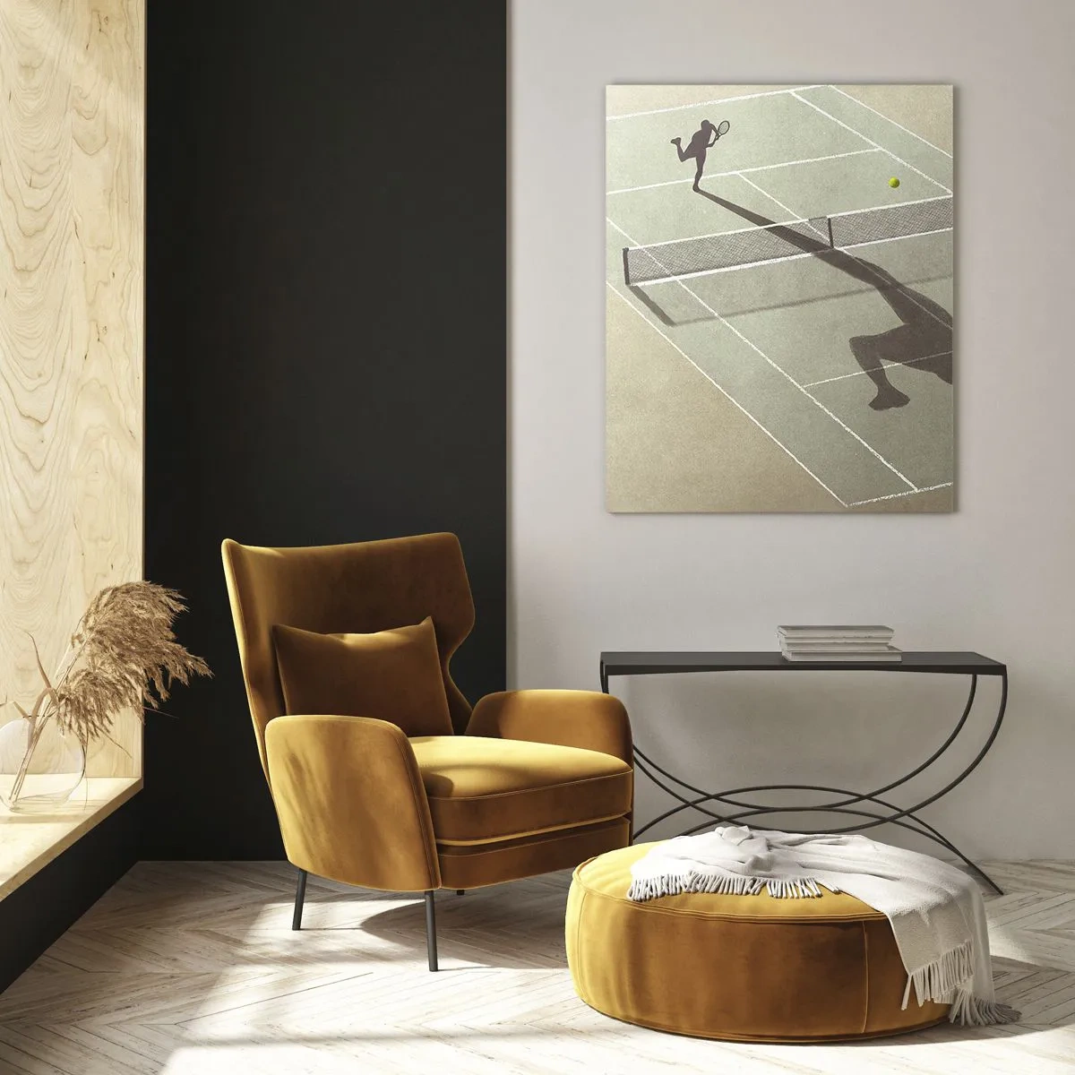 Impression sur verre - Image sur verre - La silhouette d'un joueur de tennis et son ombre sur le court pendant un service - 50x70cm - Dépassement de soi - Décoration murale moderne pour le salon et la chambre ARTTOR