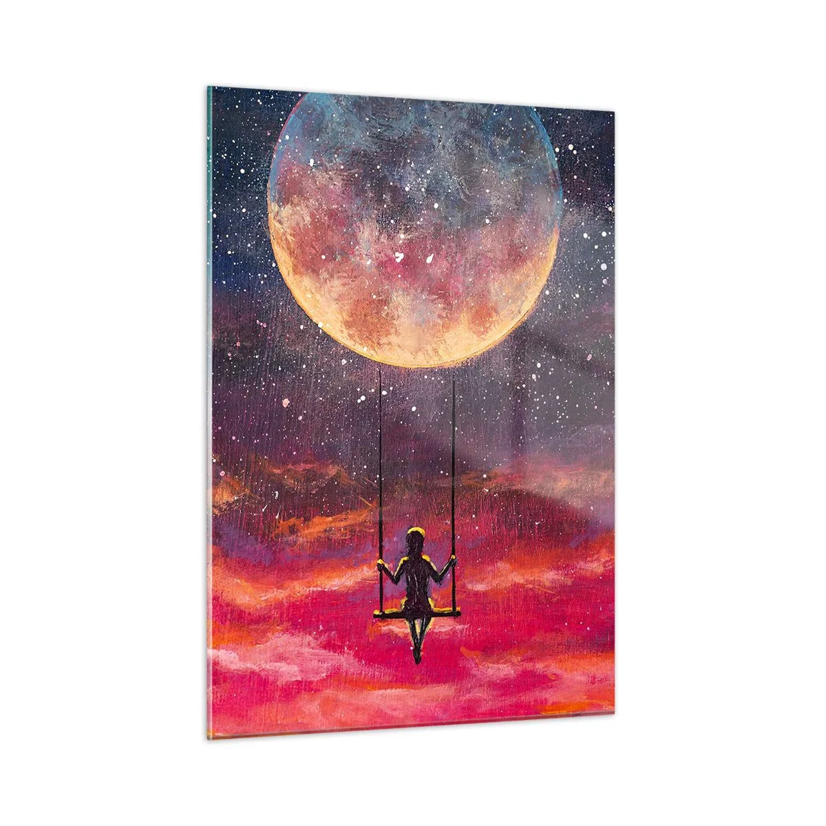 Impression sur verre - Image sur verre - Une fille sur une balançoire suspendue sous la lune - 50x70cm - Se balancer dans les nuages - Décoration murale moderne pour le salon et la chambre ARTTOR