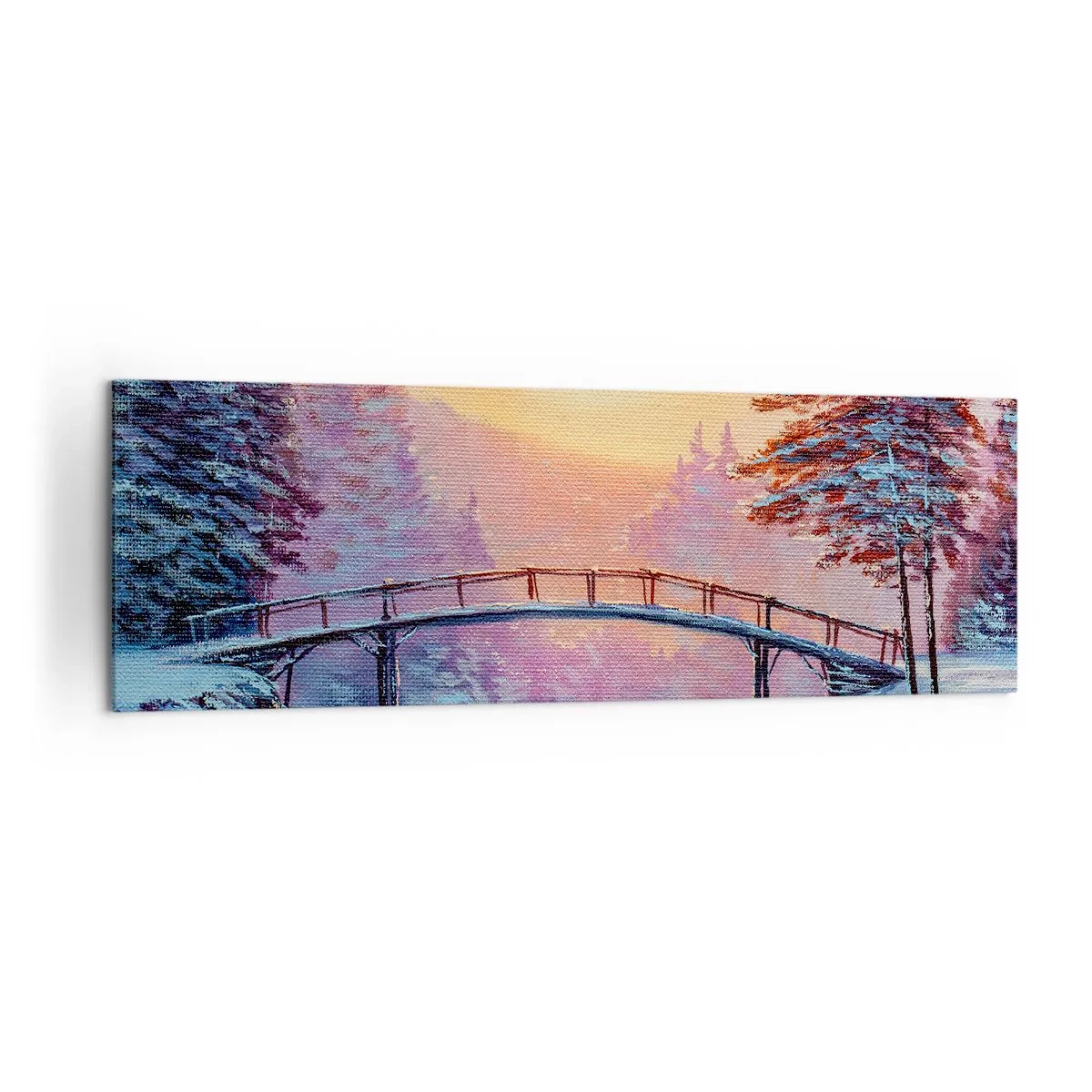 Impression sur toile - Image sur toile - Paysage d'hiver avec un pont illuminé par le coucher du soleil - 160x50cm - Quatre saisons - hiver - Décoration murale moderne pour le salon et la chambre ARTTOR