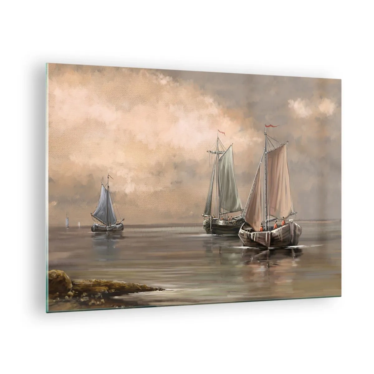 Impression sur verre - Image sur verre - Trois voiliers sur une mer calme aux couleurs pastel - 70x50cm - Le retour des marins - Décoration murale moderne pour le salon et la chambre ARTTOR