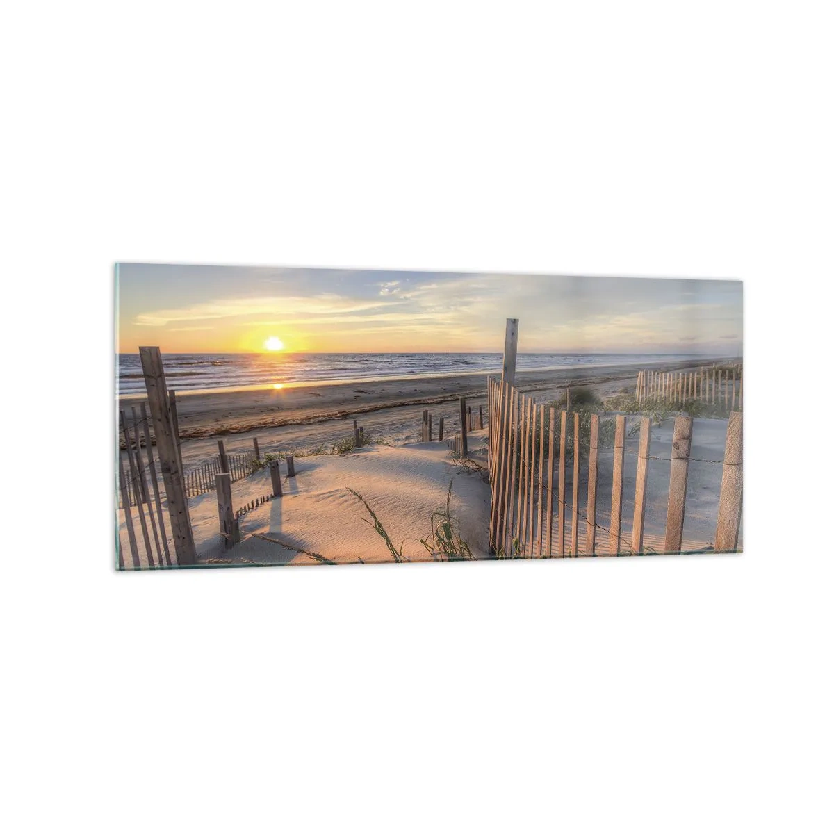 Impression sur verre - Image sur verre - Plage au coucher du soleil avec clôture en bois - 120x50cm - Ombre et brillance du vent - Décoration murale moderne pour le salon et la chambre ARTTOR