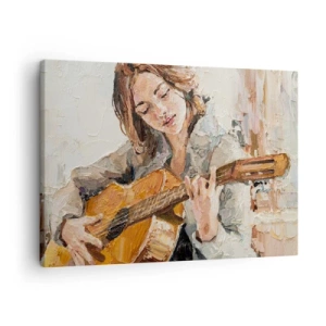 Impression sur toile - Image sur toile - Portrait d'une fille jouant de la guitare dans un style pictural aux couleurs chaudes. - 70x50cm - Concerto pour guitare et coeur de fille - Décoration murale moderne pour le salon et la chambre ARTTOR