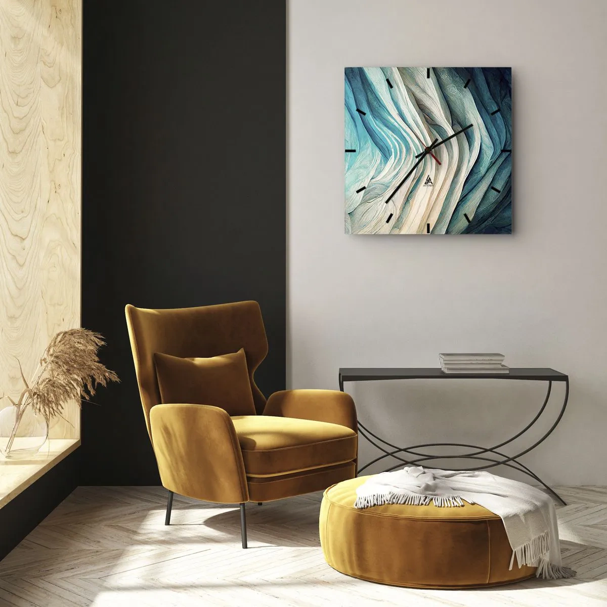 Horloge murale - Pendule murale - Ondes dynamiques dans des tons de bleu et de blanc - 30x30cm - Insatiabilité bleue - Décoration murale moderne pour le salon et la chambre ARTTOR